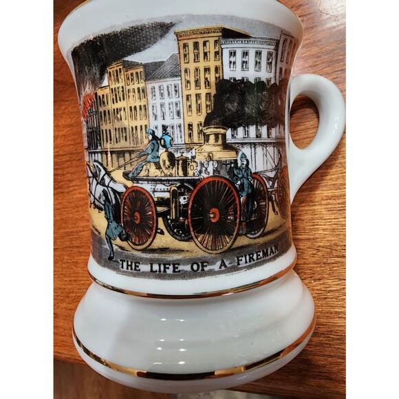 Life of a Fireman Mustache Coffee Mug Cup Firefighters in Action Gold Trim - Picture 2 of 6